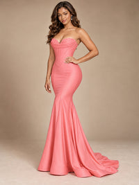 Red Strapless Satin Mermaid Prom Dress with Corset Bodice