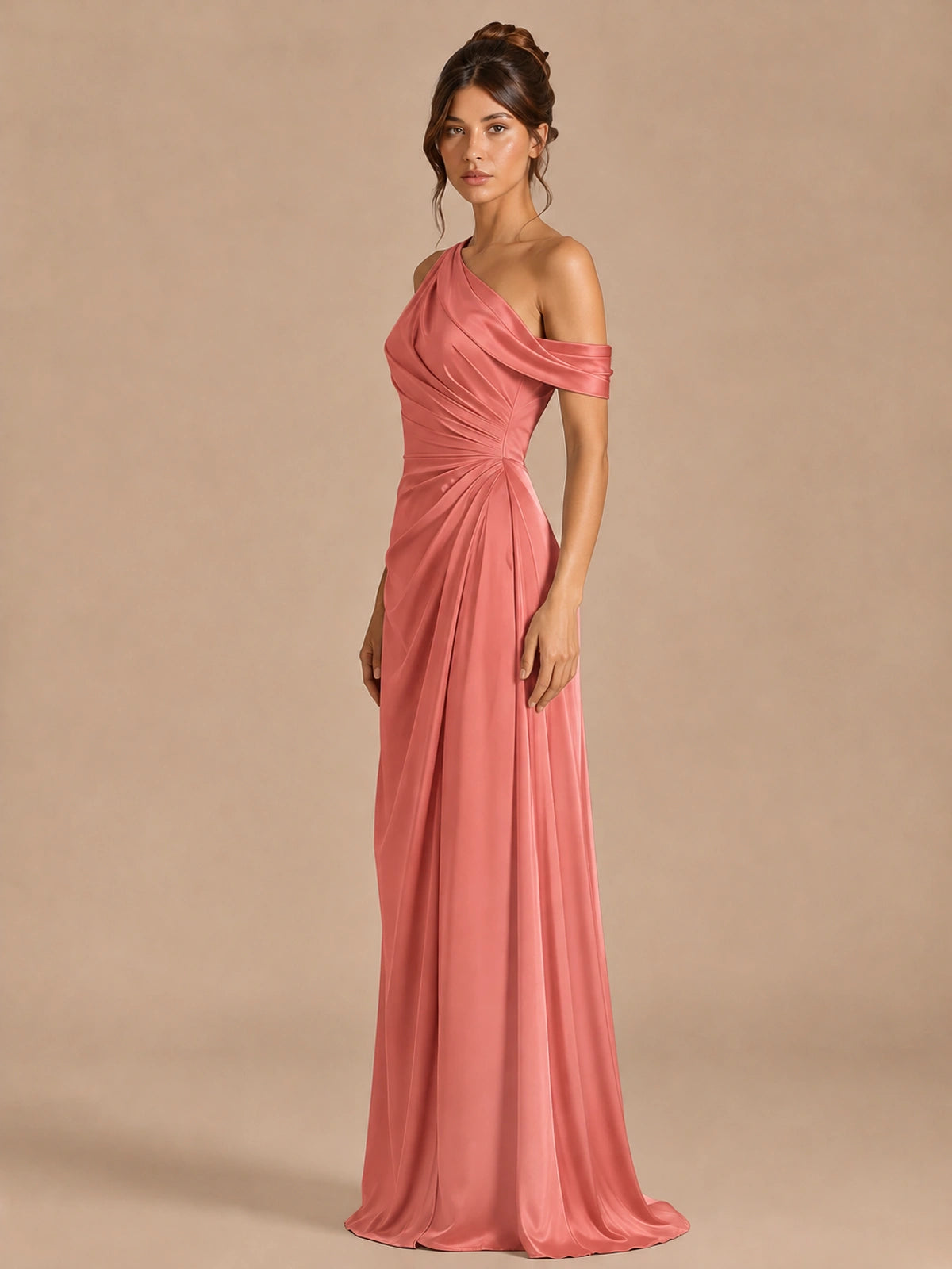 Satin One Shoulder Prom Dress Ruched Long Formal Evening Gown