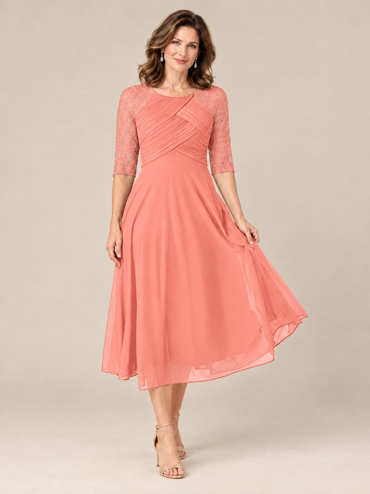 Tea-Length Mother of the Bride Dress with Lace 3/4 Sleeves