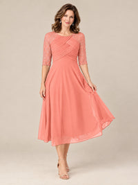 Tea-Length Mother of the Bride Dress with Lace 3/4 Sleeves