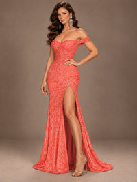 Off the Shoulder Corset Sequin Mermaid Prom Dress with Slit