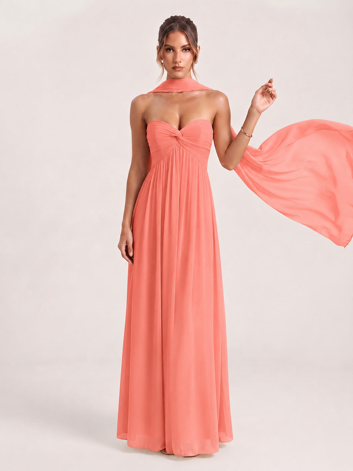 Strapless Ruched Chiffon Long Prom Dress with Scarf
