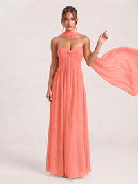 Strapless Ruched Chiffon Long Prom Dress with Scarf