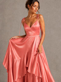 Lavender Satin V-Neck Ruffle Maxi Dress