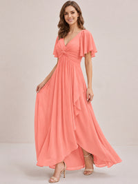 Dusty Blue Chiffon Bridesmaid Dress with Flutter Sleeves & High-Low Hem