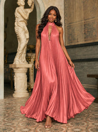 Rust Orange Pleated Halter Neck Maxi Dress