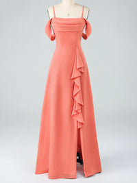 Spaghetti Strap Chiffon Bridesmaid Dress with Ruffles Slit