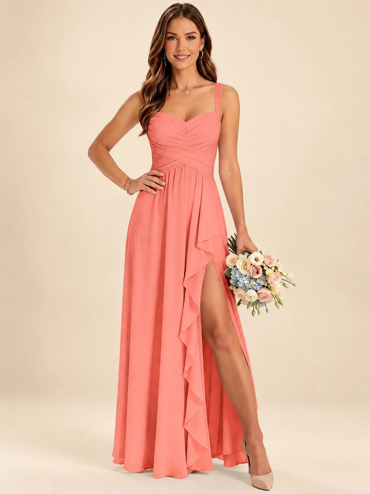 Spaghetti Straps Pleated Chiffon Bridesmaid Dress with Ruffle Slit