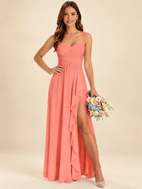 Spaghetti Straps Pleated Chiffon Bridesmaid Dress with Ruffle Slit