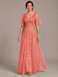 V-Neck Sequin Tulle Mother of the Bride Dress with Flutter Sleeve