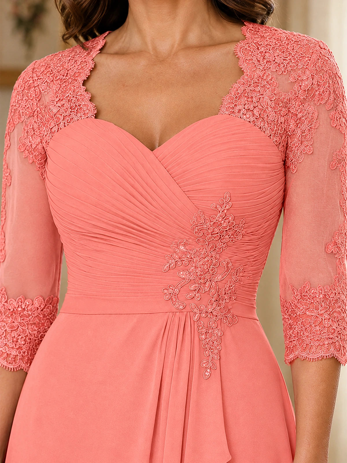 Chiffon Lace Applique Mother of the Bride Dress with 3/4 Sleeves