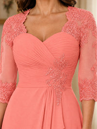 Chiffon Lace Applique Mother of the Bride Dress with 3/4 Sleeves