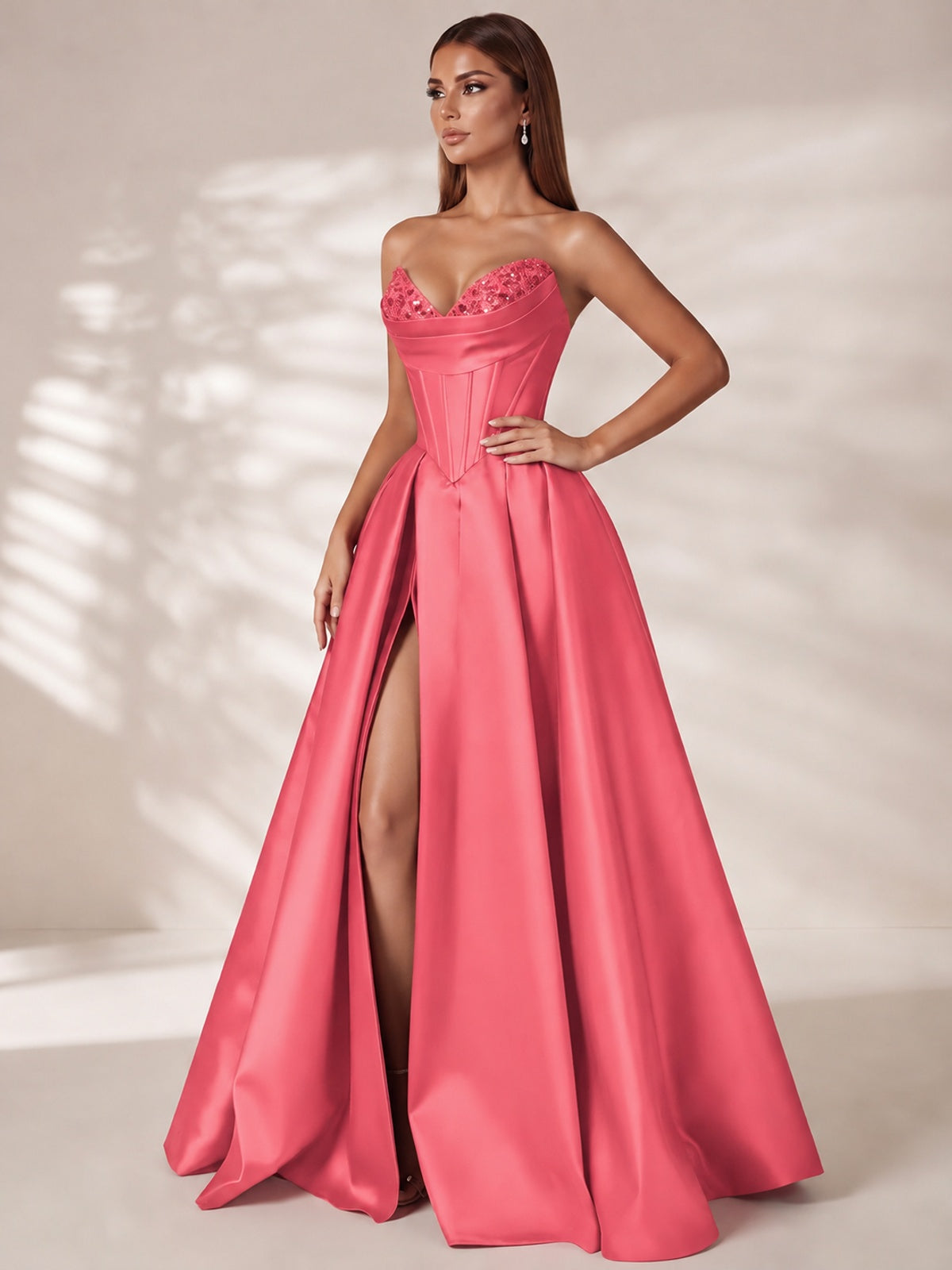 Strapless Corset Satin Prom Dress Long Evening Gown with High Slit