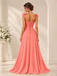 Ruffle Slit Chiffon A Line Scoop Neck Bridesmaid Dresses with Pockets