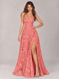 Floral Lace A-Line Prom Dress with Spaghetti Straps & High Slit