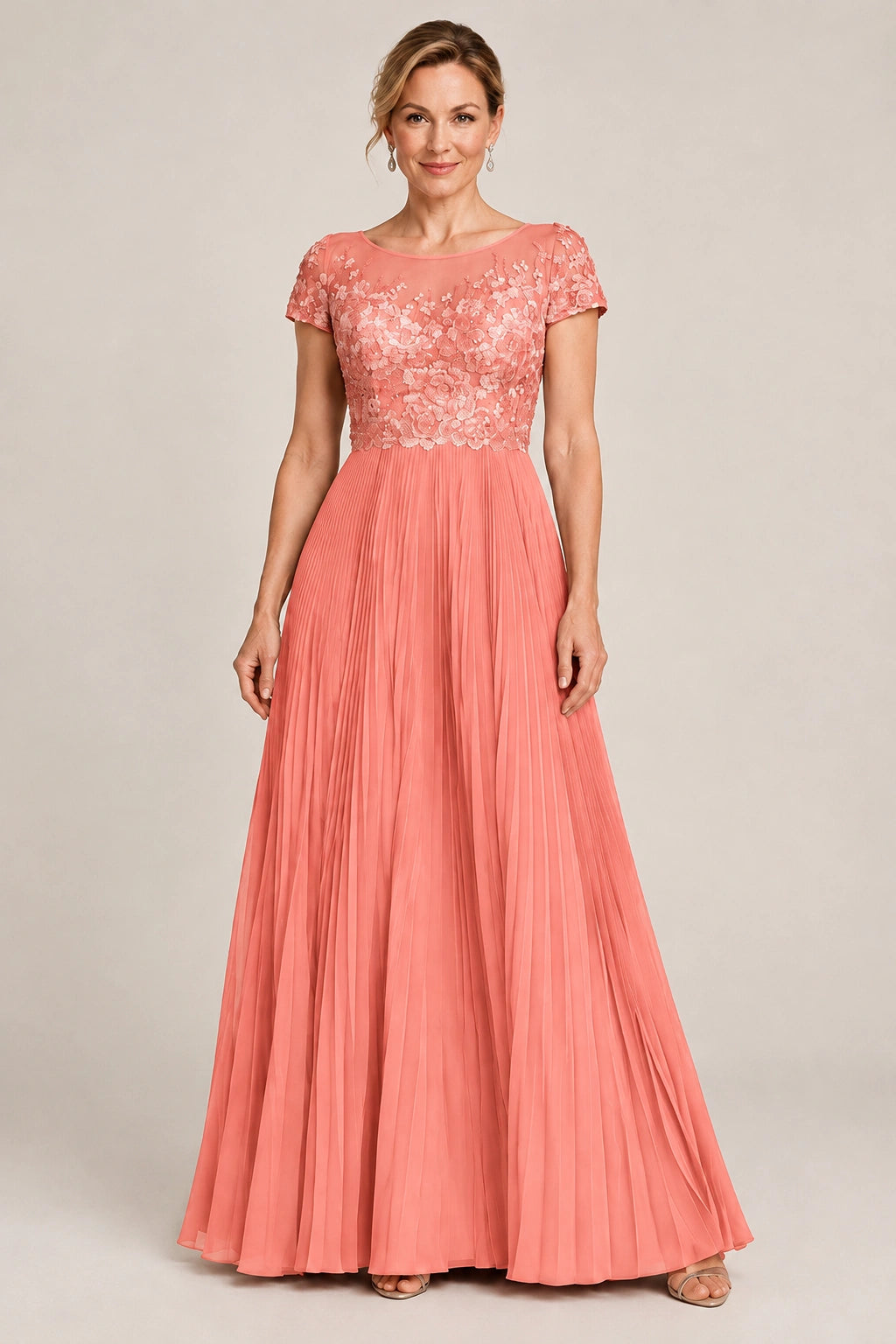 Embroidered Lace Pleated Mother of the Bride Dress