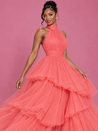 Hot Pink Tulle Halter Neck Tiered Ruffle Maxi Dress