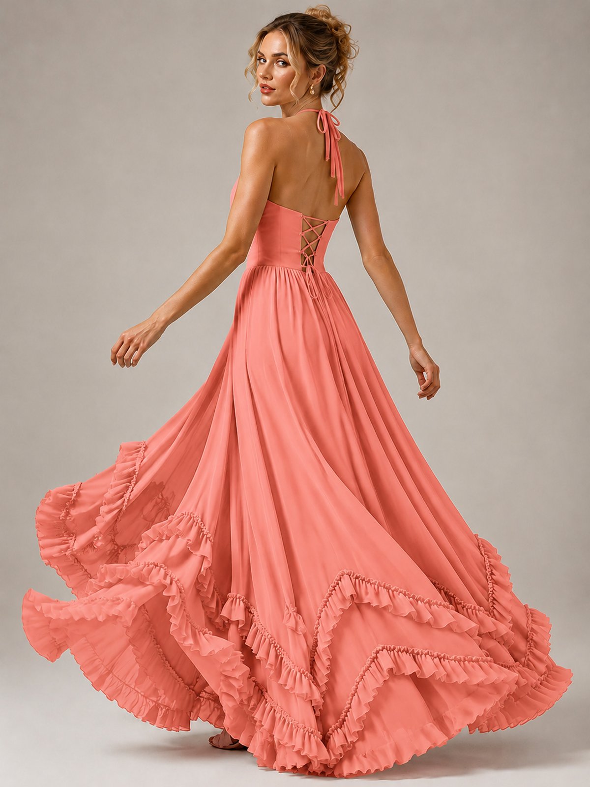 Halter V Neck Chiffon Formal Dress with Lace-Up Back and Ruffle Hem