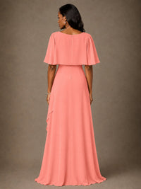 Taupe Chiffon A-Line Mother of the Bride Dress with Cape Sleeves