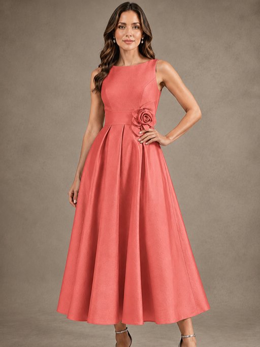 Tea-Length Satin Mother of the Bride Dress with 3D Flower Detail
