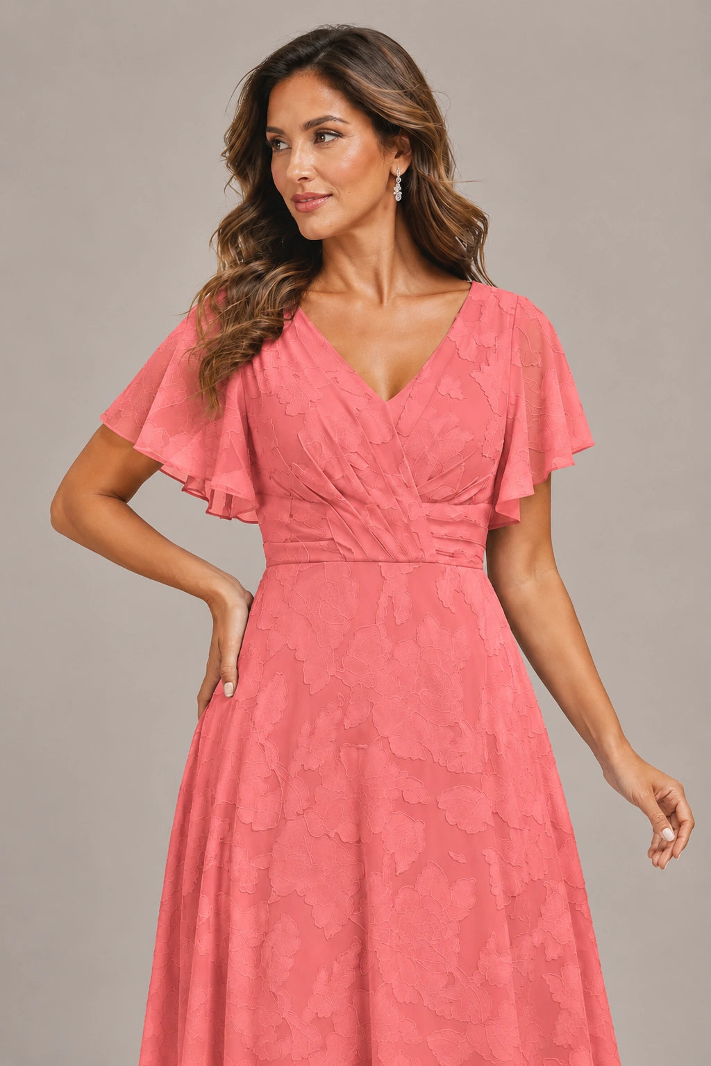 Jovellee Floral Chiffon A-Line Mother of the Bride Dress with Flutter Sleeves