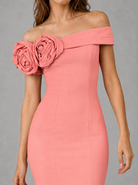 Blush Pink Off Shoulder Mermaid Bridesmaid Dress with Floral Rosette