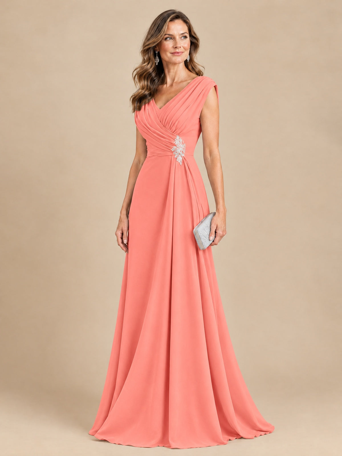 V Neck Pleated Mother of The Bride Dresses with Beading Cap Sleeves