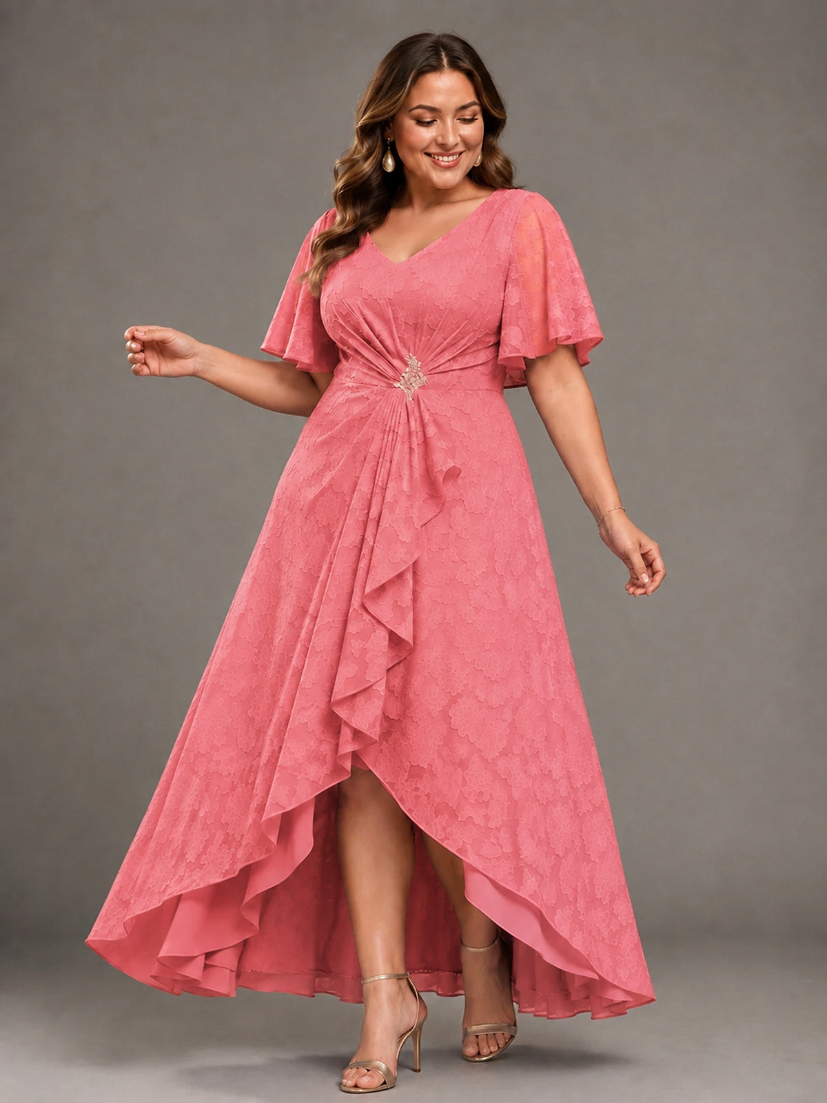 Jacquard Chiffon A-Line V-Neck High-Low Mother of the Bride Dress