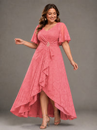 Jacquard Chiffon A-Line V-Neck High-Low Mother of the Bride Dress