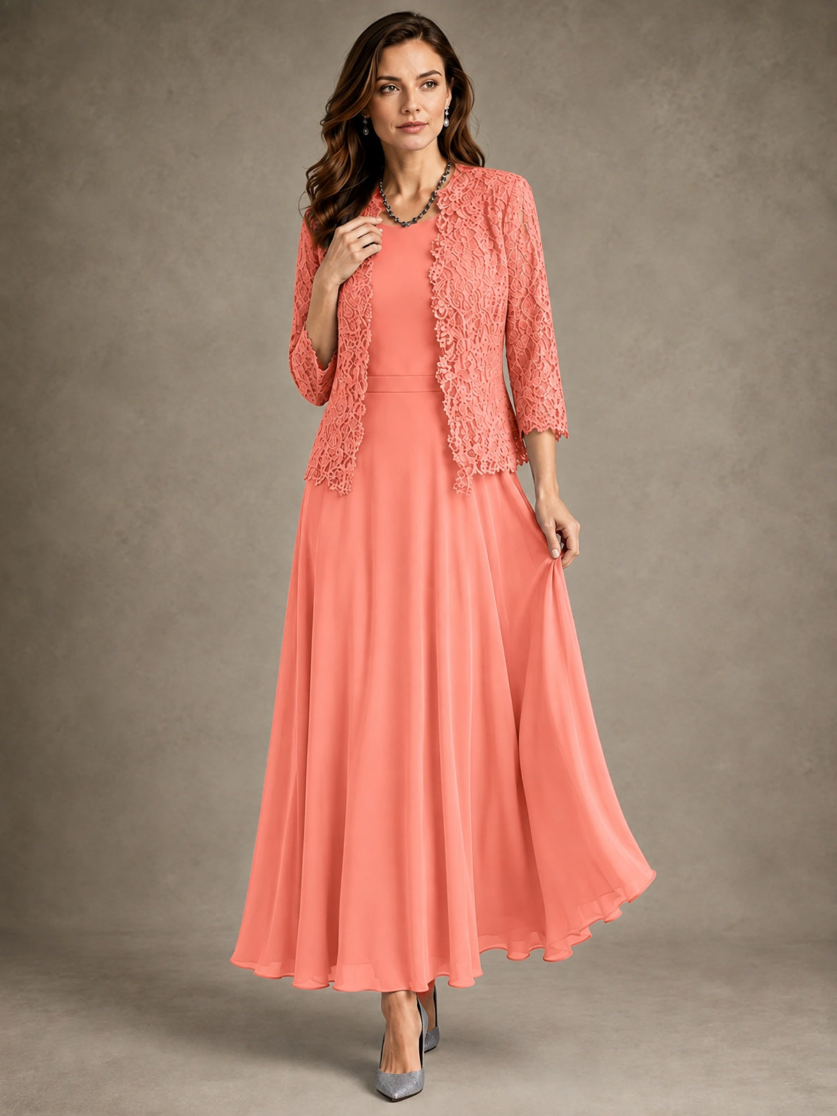 2-Piece Chiffon Mother of the Bride Dress with Lace Jacket