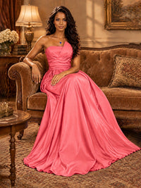 Draped Satin Prom Dress Strapless A-line Formal Dress Floor Length