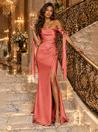 Off The Shuolder Satin Prom Dress Slit Mermaid Formal Gowns