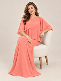 Cape Sleeve Mother of the Bride Dress with Asymmetrical Overlay