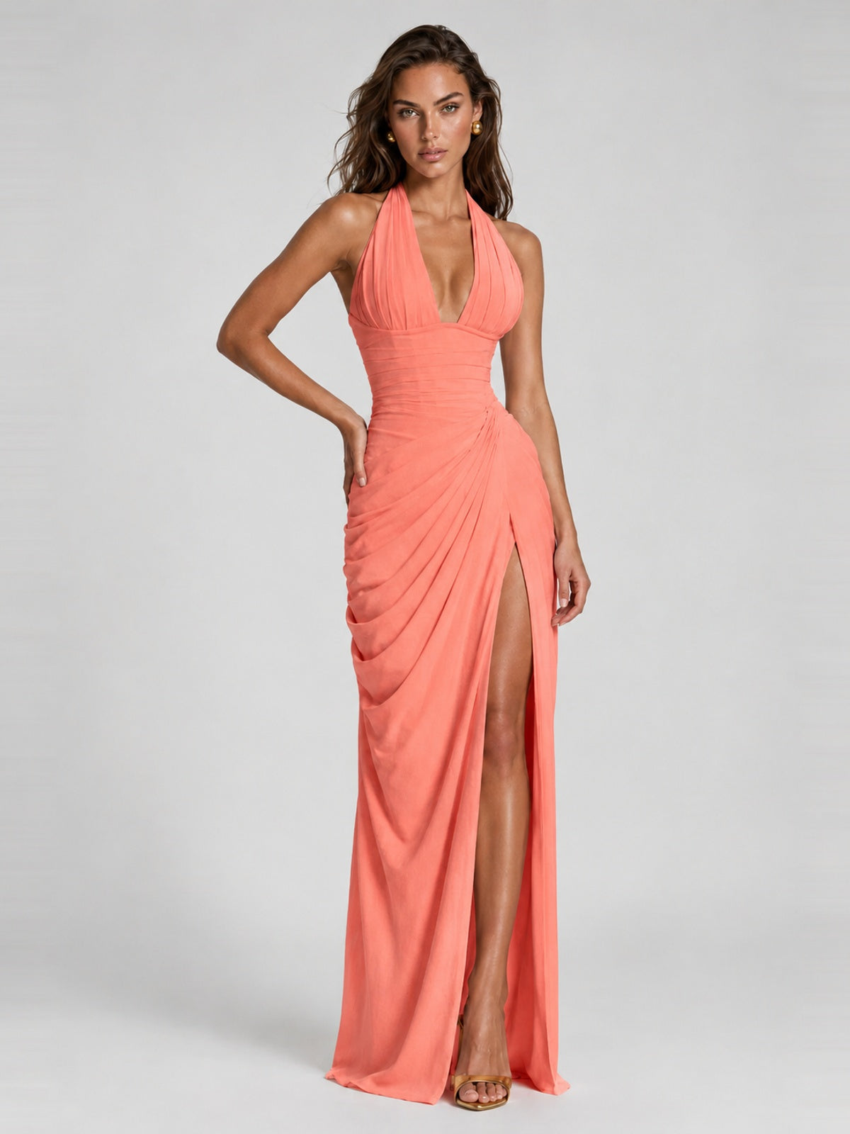 Ruched Halter Neck High-Slit Prom & Evening Dress