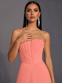 Strapless A-line Long Pleated Satin Prom Dress