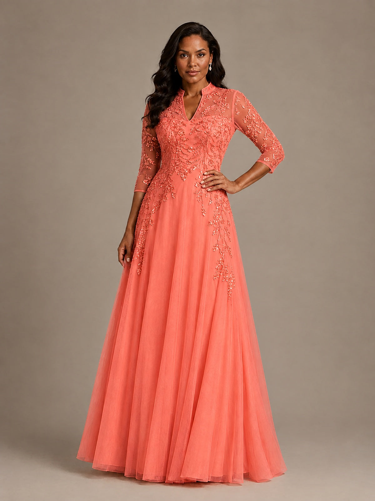 Embellished Appliques Mother of the Bride Dress with 3/4 Sleeves