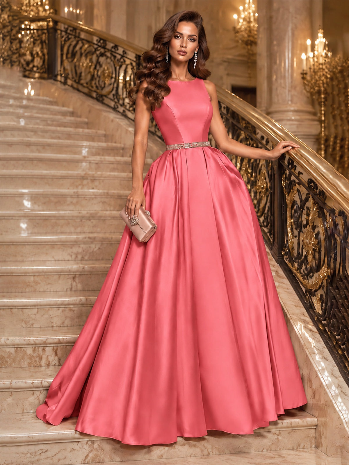 Satin A-Line Prom Dress Sleeveless Beaded Waist Formal Gown with Pockets