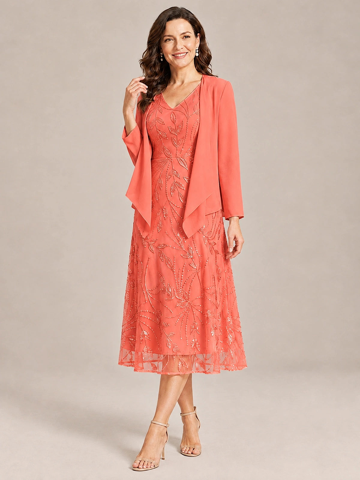 Tea Length Sequin Lace Mother of the Bride Dress with Chiffon Jacket
