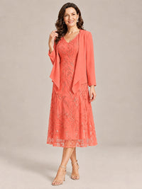 Tea Length Sequin Lace Mother of the Bride Dress with Chiffon Jacket