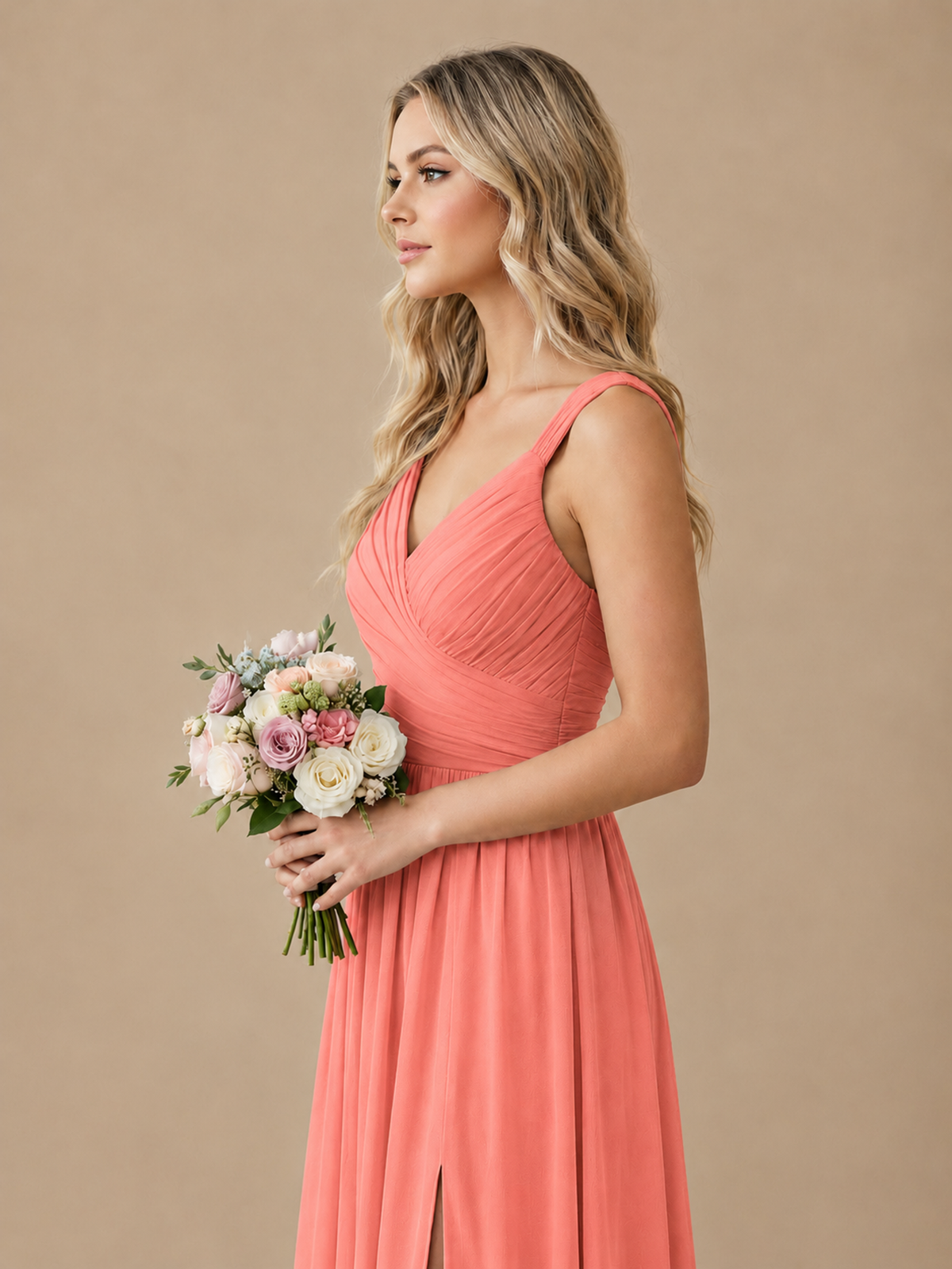 Pleated Chiffon V Neck Wedding Bridesmaid Dresses Floor Length with Slit