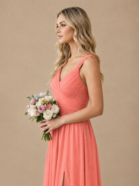 Pleated Chiffon V Neck Wedding Bridesmaid Dresses Floor Length with Slit