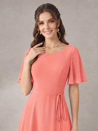 Scoop Neck A-line Chiffon Bridesmaid Dress with Flutter Sleeve & Belt
