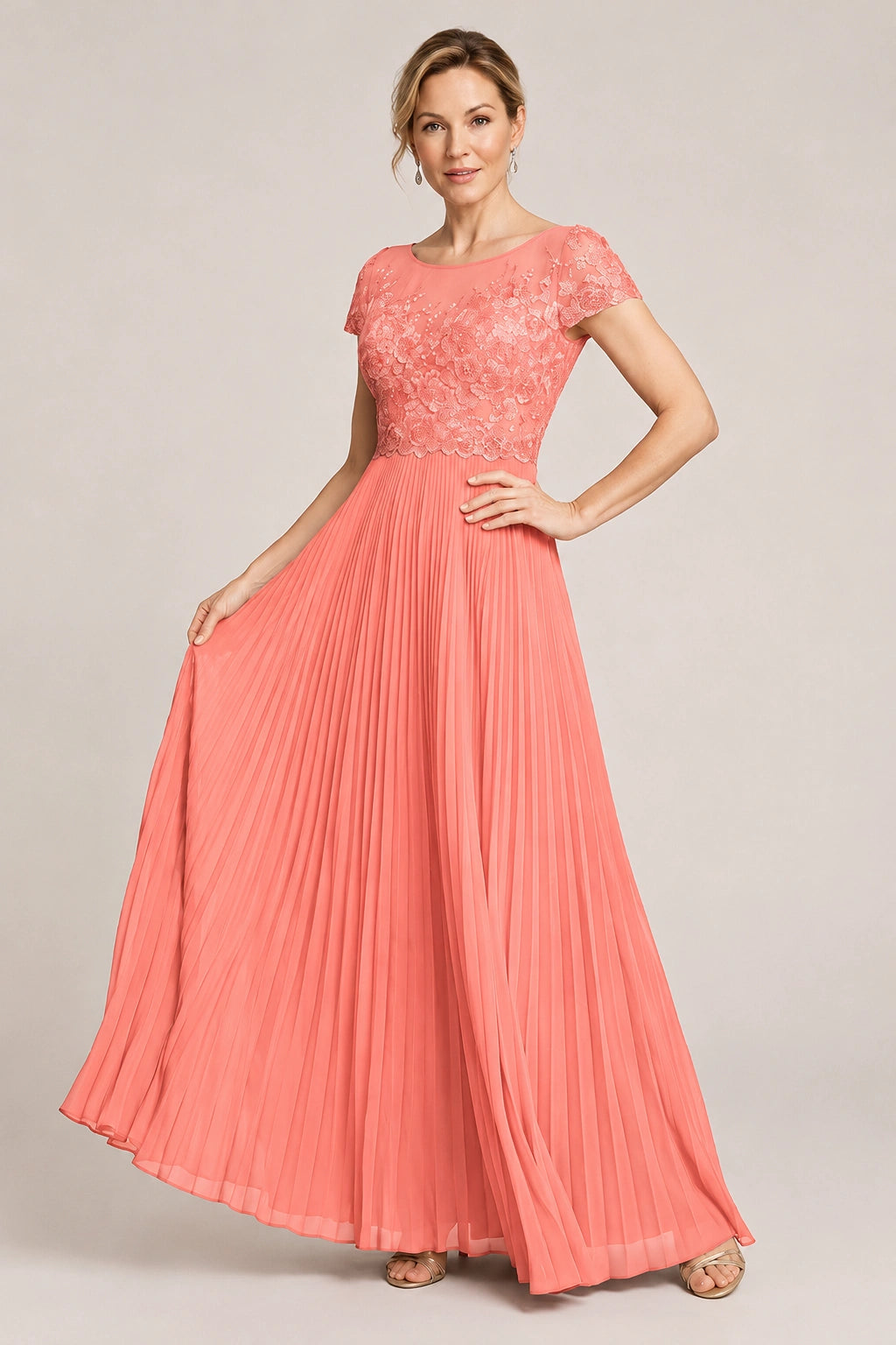 Embroidered Lace Pleated Mother of the Bride Dress