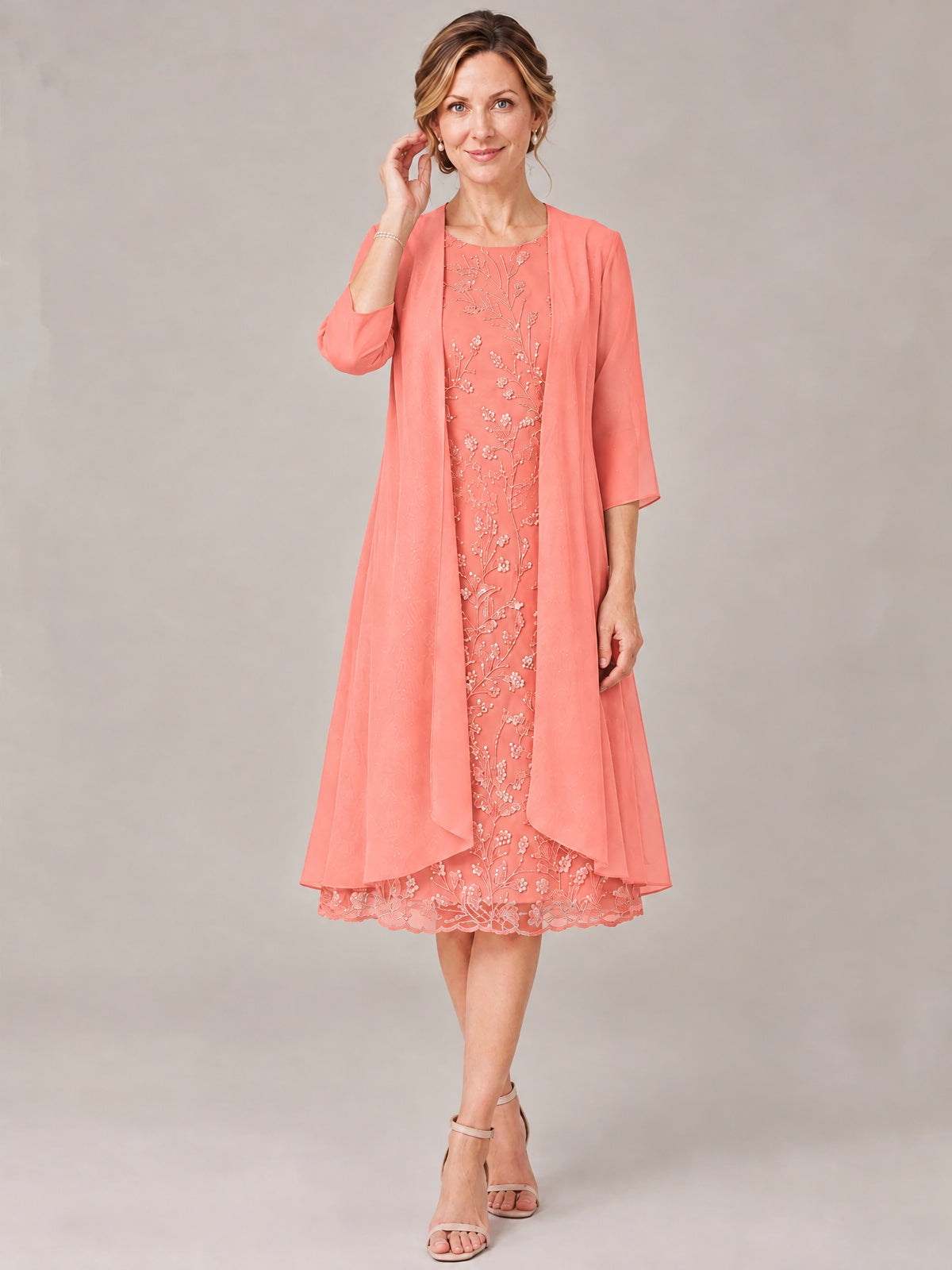 Tea Length Sequin Lace Mother of The Bride Dress with Chiffon Jacket