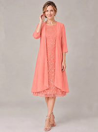 Tea Length Sequin Lace Mother of The Bride Dress with Chiffon Jacket
