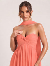 Strapless Ruched Chiffon Long Prom Dress with Scarf