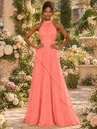 Wrap Pleated Prom Dress Halter A-line Chiffon Formal Wedding Dress