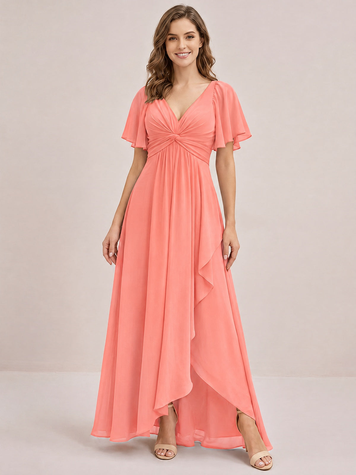 Dusty Blue Chiffon Bridesmaid Dress with Flutter Sleeves & High-Low Hem