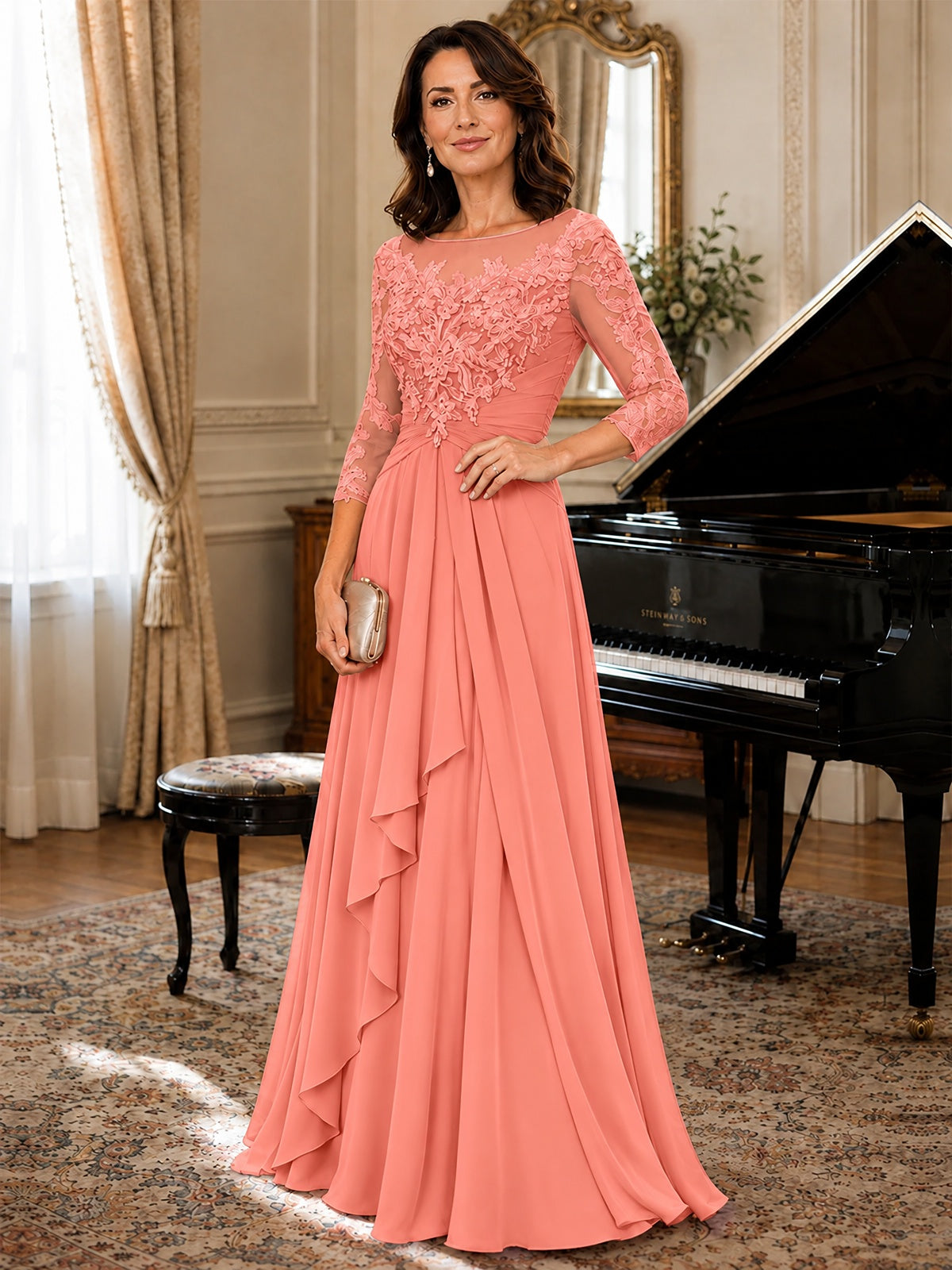 A-Line Chiffon Mother of the Bride Dress with Floral Applique 3/4 Sleeves
