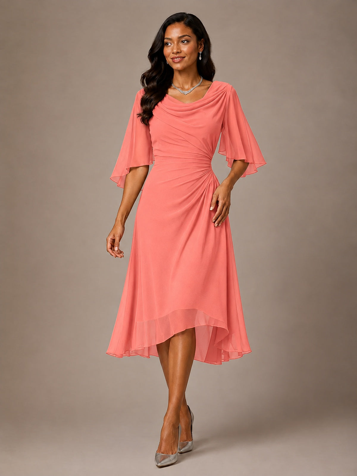 Cowl Neck Ruched Chiffon Mother of the Bride Dresses with Flutter Sleeves